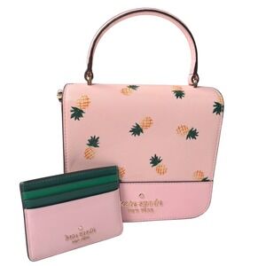 Kate‎ Spade Staci Square Pink Pineapple Bag Card Holder Set Women